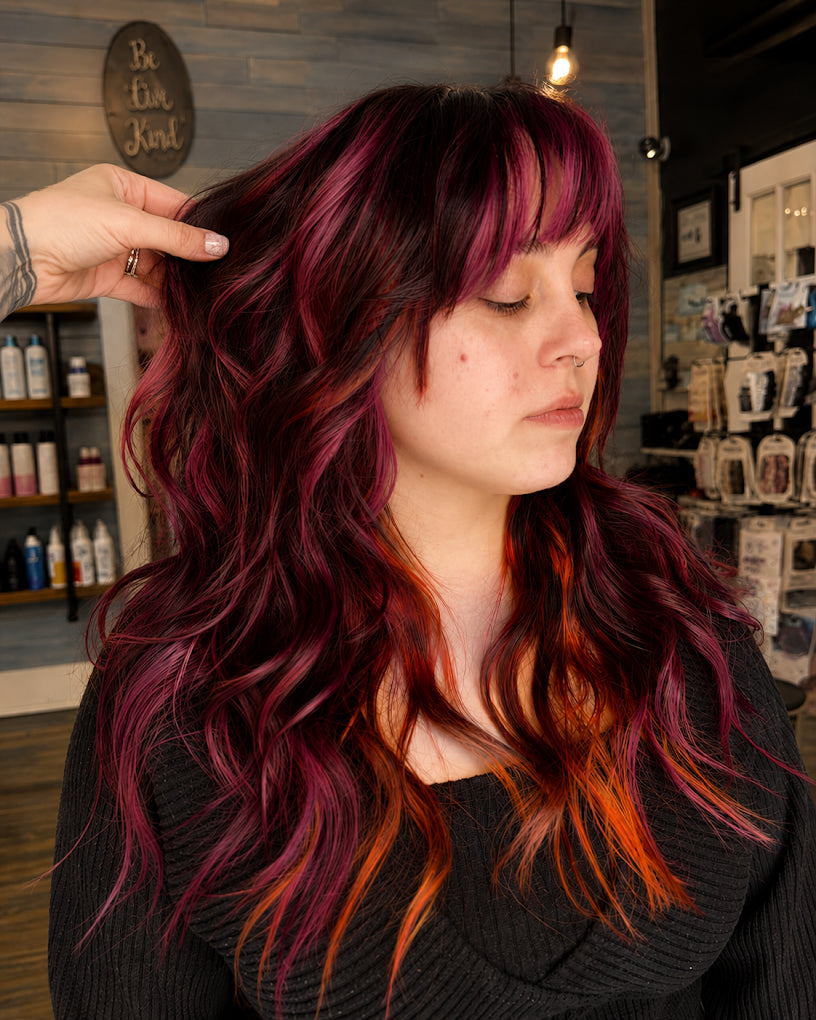 Vivid magenta and copper hair color transformation at Salon Blue in Hampstead NC